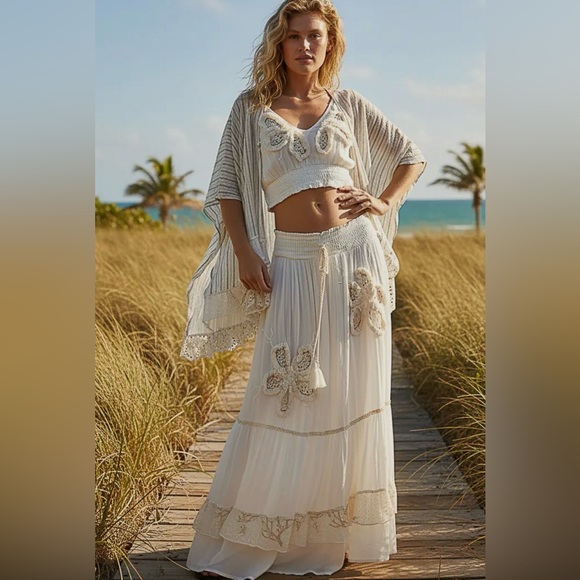 POL Skirt and Top Set-Embroidered Fringe Crop Top and Long Lined Skirt New ! - Picture 5 of 8